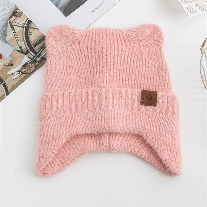 New Women Candy Colors Earflap Beanie Fashion Faux Fur Knitted Hat Lovely With Cat Ear Soft Beanie Hats Female Streetwear Hat