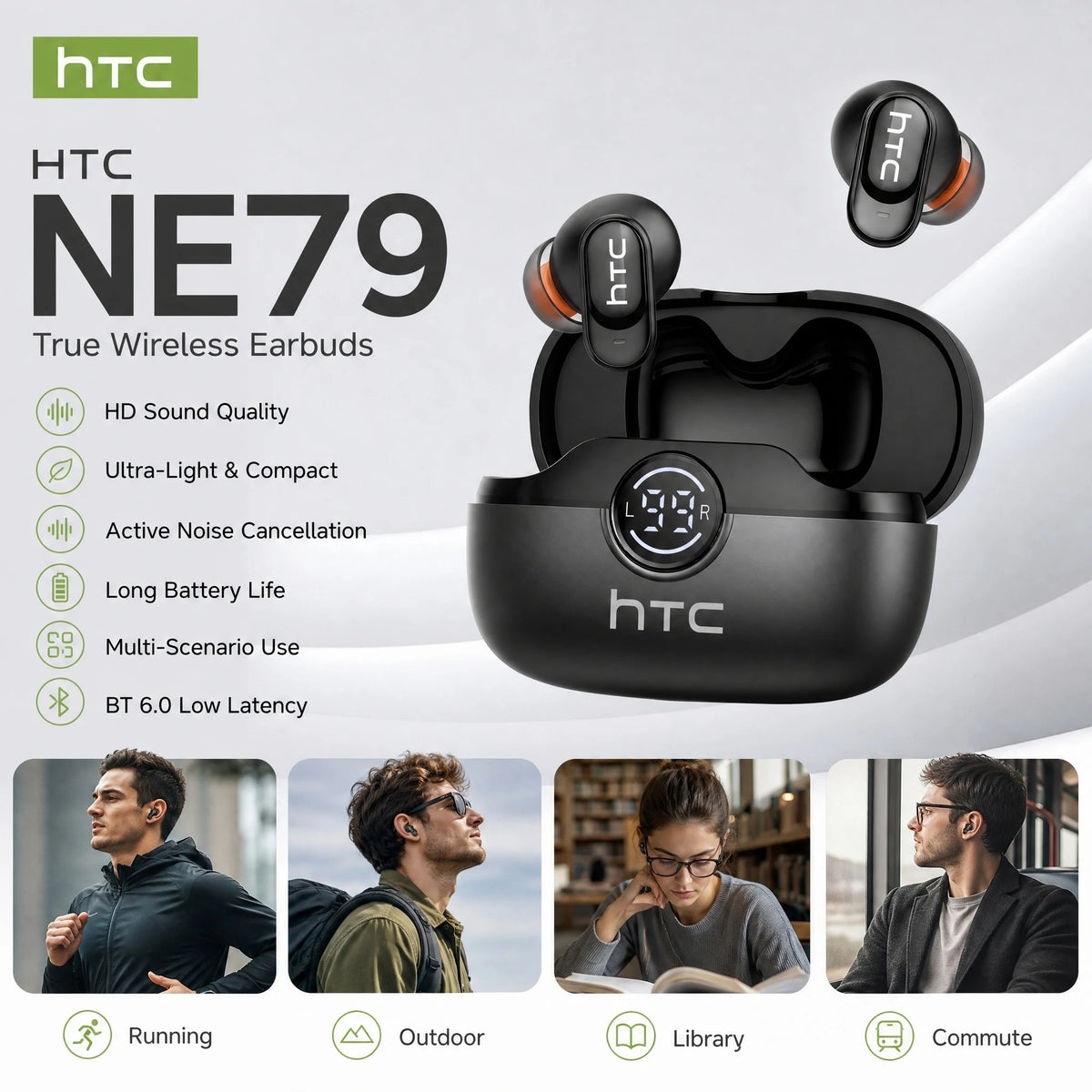 HTC NE79 Bluetooth Earphones AI Translator Earbuds Soft In-Earbuds for Wireless Headphones, Noise Reduction Long Battery