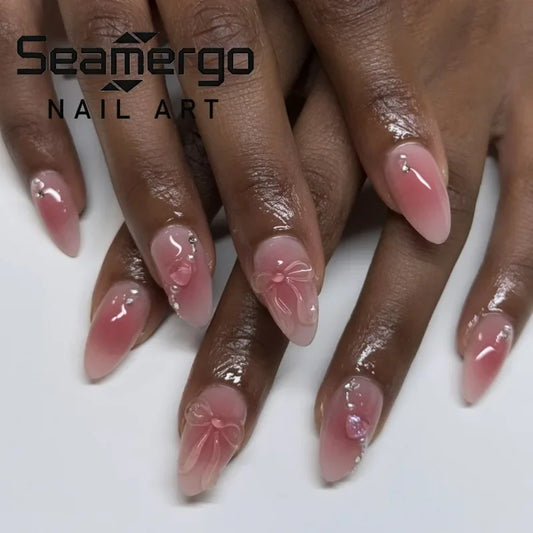 24Pcs Almond Blush Press On Nails Sweet Heart Diamond Cute Bow European American Style Self Adhesive Reusable False Nails For Women Girls Daily Party Manicure Supply