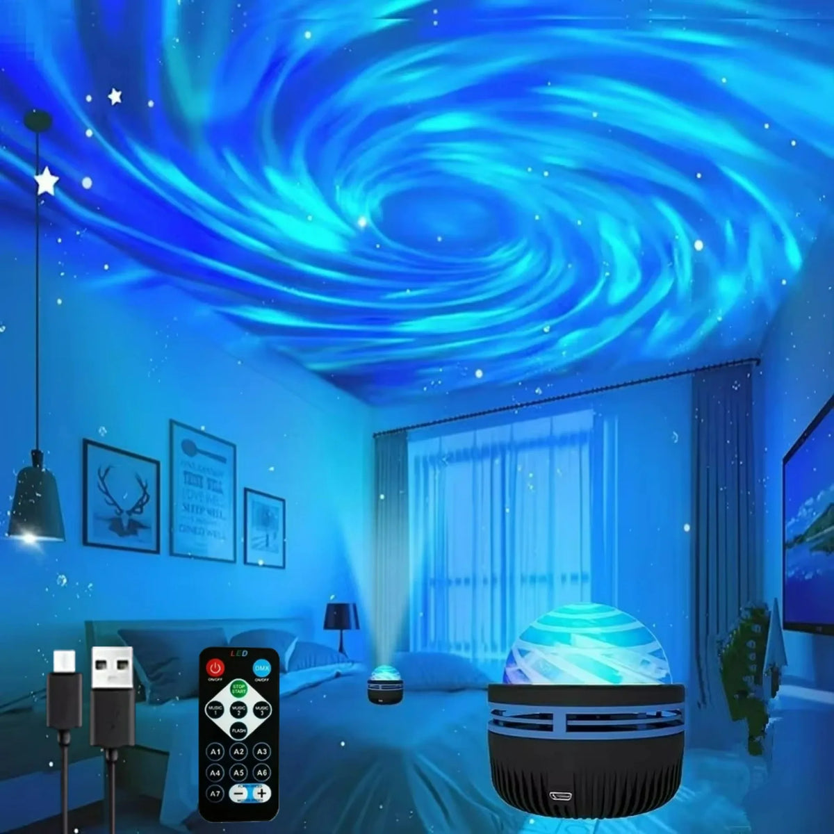 LED Starry Sky Light RGB Galaxy Projector Atmosphere Projection Lamp Christmas Halloween Remote Control 7 Color Home Auto Rotate