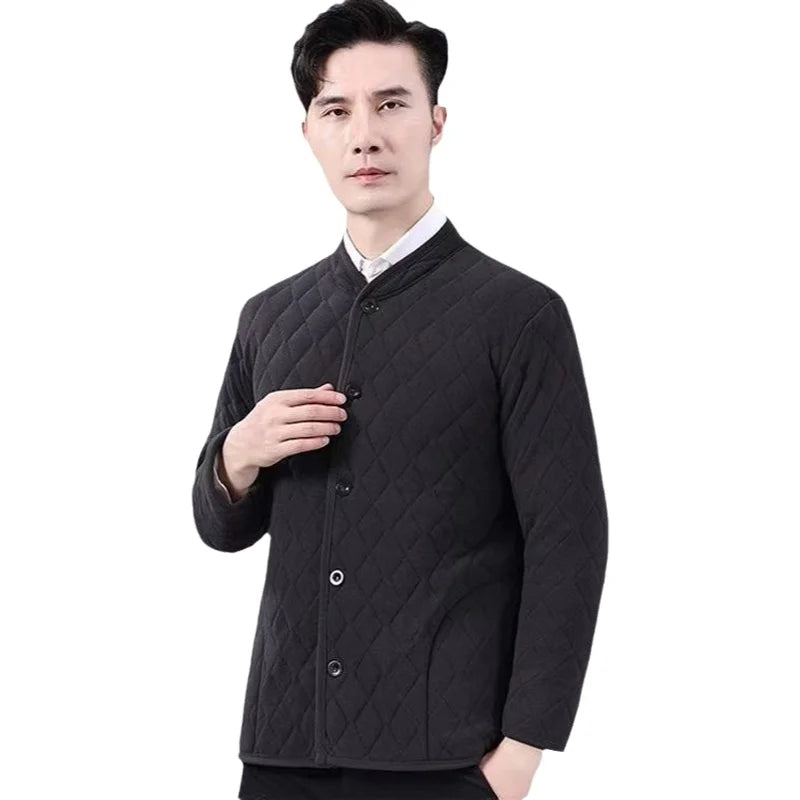 Thickened Winter Cotton Jacket Set for Men Warm Loose Style Mid-aged And Elderly Cotton Top Long Sleeve Stand Collar Coat