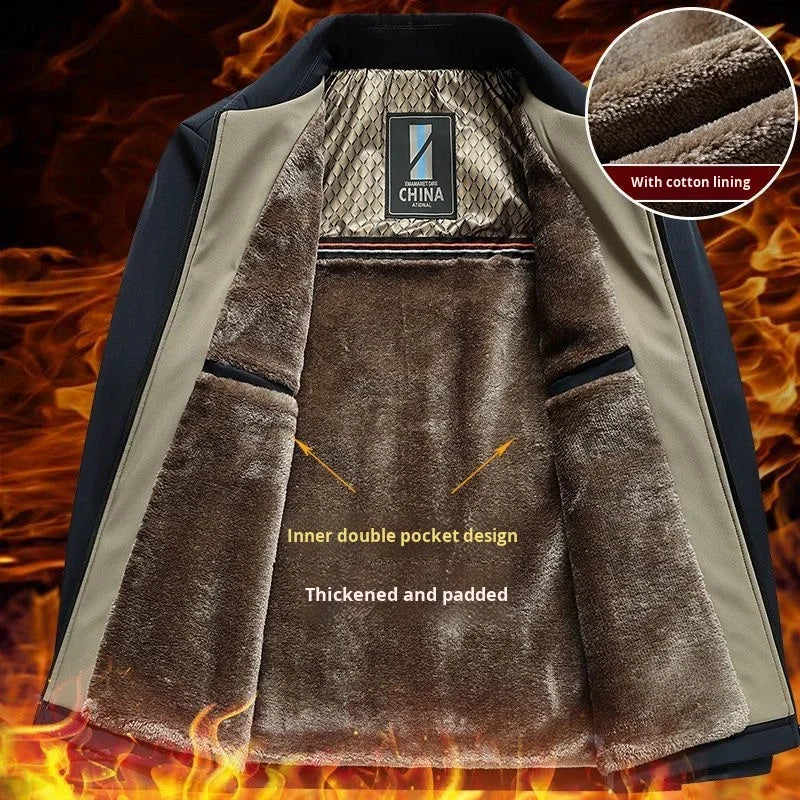 Middle-aged Men's Bomber Jacket Fleece-lined Thickened Streetwear Style Autumn Winter Polyester Fiber Padded Coat
