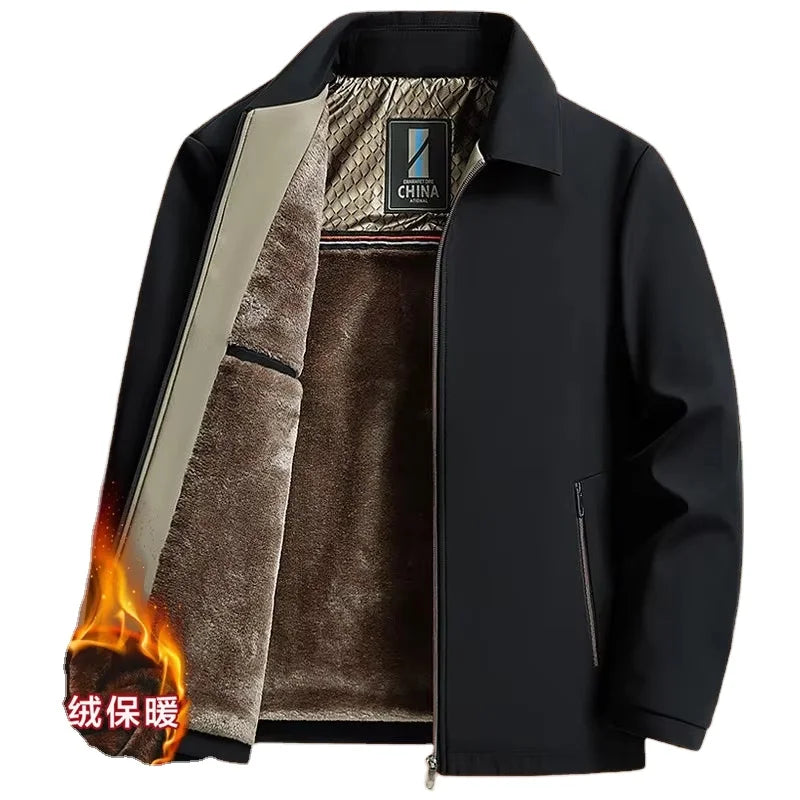 Middle-aged Men's Bomber Jacket Fleece-lined Thickened Streetwear Style Autumn Winter Polyester Fiber Padded Coat
