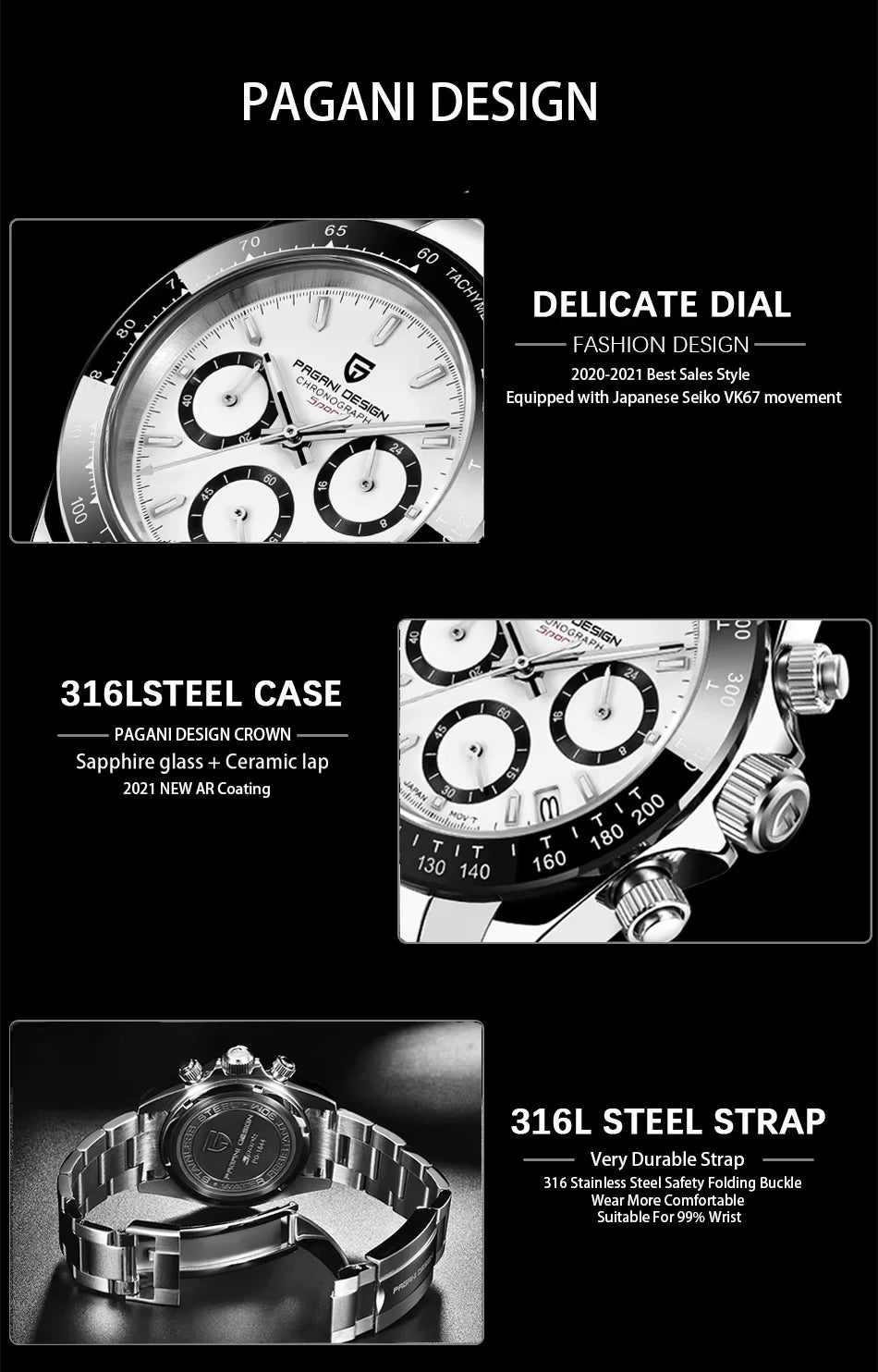 Pagani Design PD-1644 1644 Fashion Calendar Analog MIYOTA OS20 Quartz Movement Stainless Steel Luxury Wrist Watch for Men Reloj