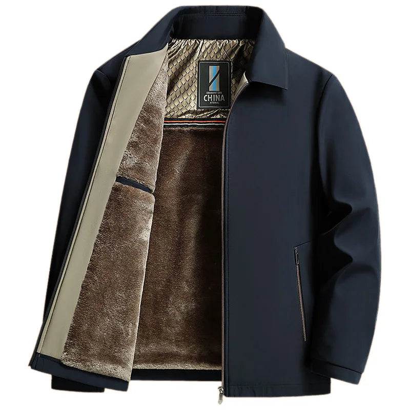 Middle-aged Men's Bomber Jacket Fleece-lined Thickened Streetwear Style Autumn Winter Polyester Fiber Padded Coat