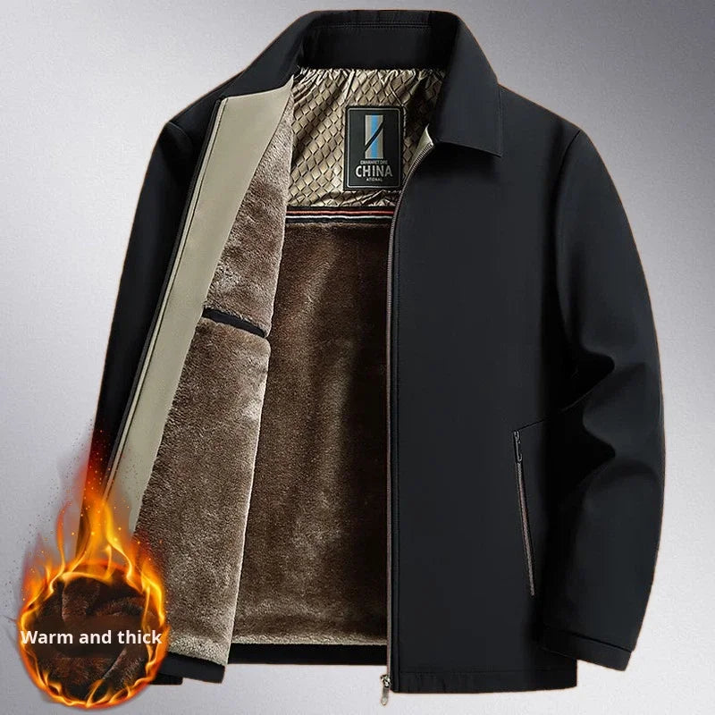 Middle-aged Men's Bomber Jacket Fleece-lined Thickened Streetwear Style Autumn Winter Polyester Fiber Padded Coat