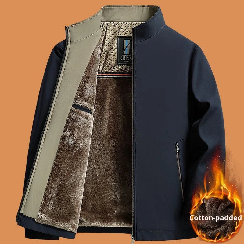 Middle-aged Men's Bomber Jacket Fleece-lined Thickened Streetwear Style Autumn Winter Polyester Fiber Padded Coat