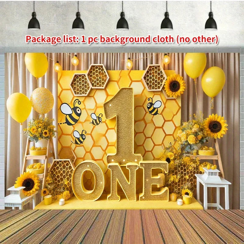 1pc Bee and Sunflower Birthday Party Backdrop - Gold "1" with bees and flowers for home, garden and anniversary celebrations