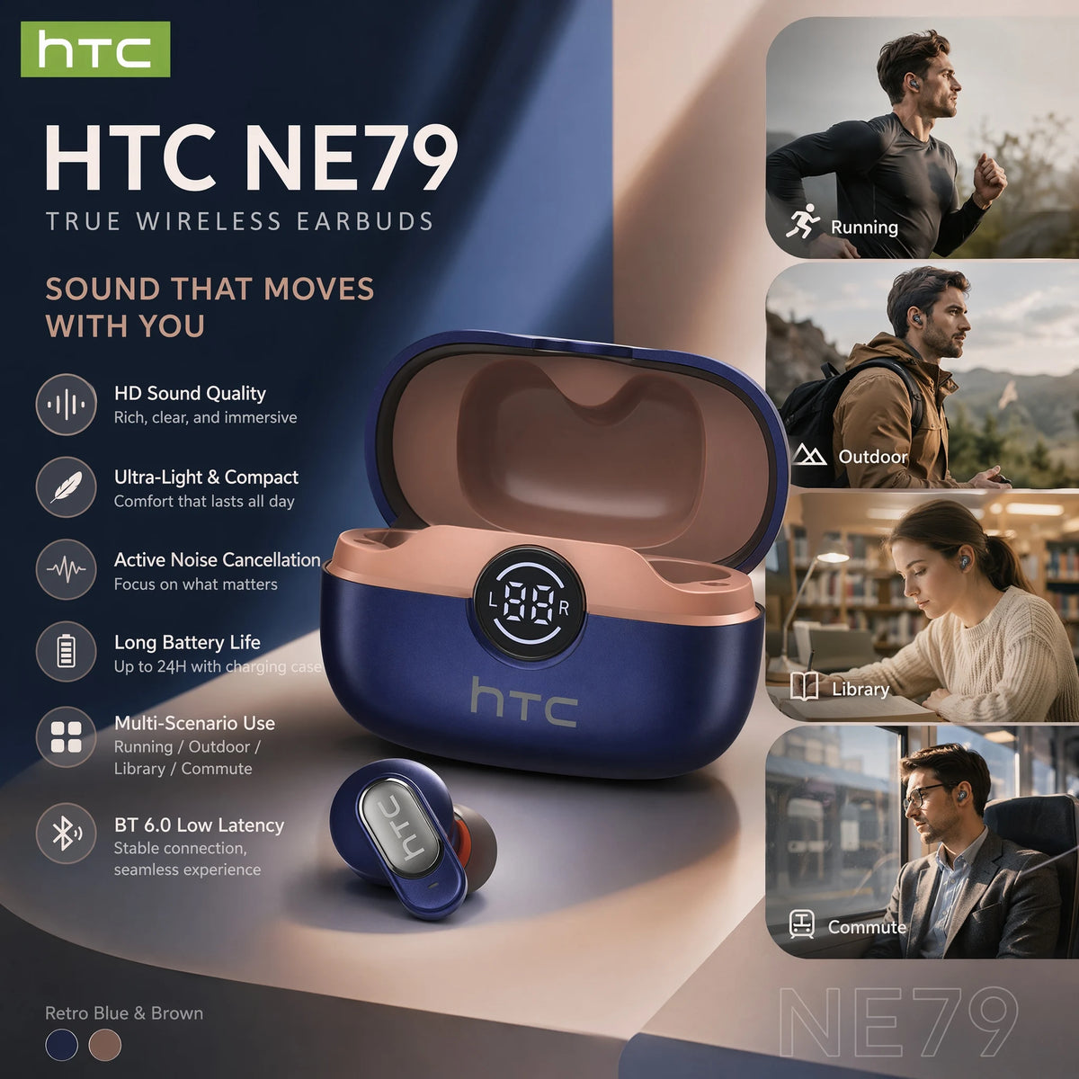 HTC NE79 Bluetooth Earphones AI Translator Earbuds Soft In-Earbuds for Wireless Headphones, Noise Reduction Long Battery