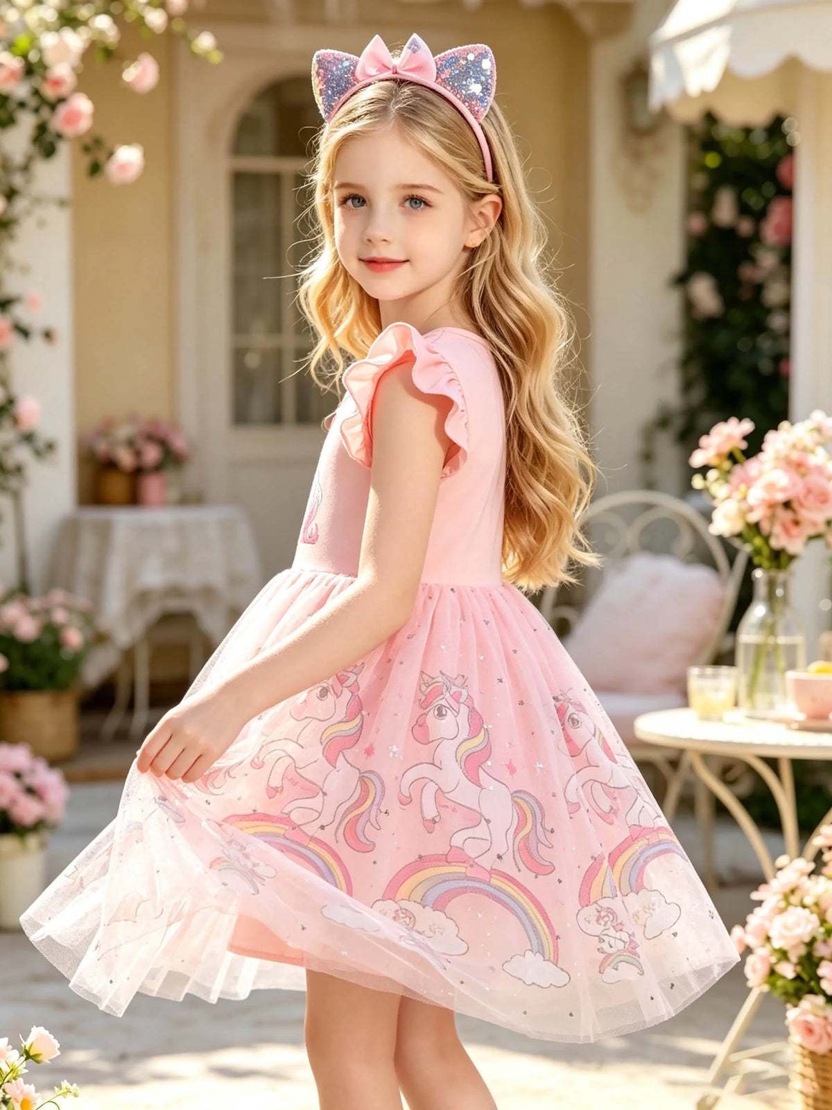 Sweet Peach Pink Unicorn Girls' Summer Outfit, Ruffle Flutter Sleeves, Double-Layer Printed A-Line Princess Tulle Dress