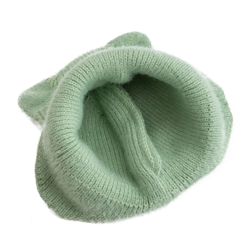 New Women Candy Colors Earflap Beanie Fashion Faux Fur Knitted Hat Lovely With Cat Ear Soft Beanie Hats Female Streetwear Hat