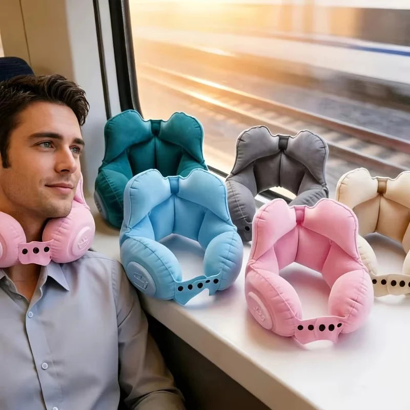 Crown Inflatable U-Shaped Travel Pillow Portable Neck Support Quick Inflation Soft Velvet Ergonomic For Airplane Train Car Nap
