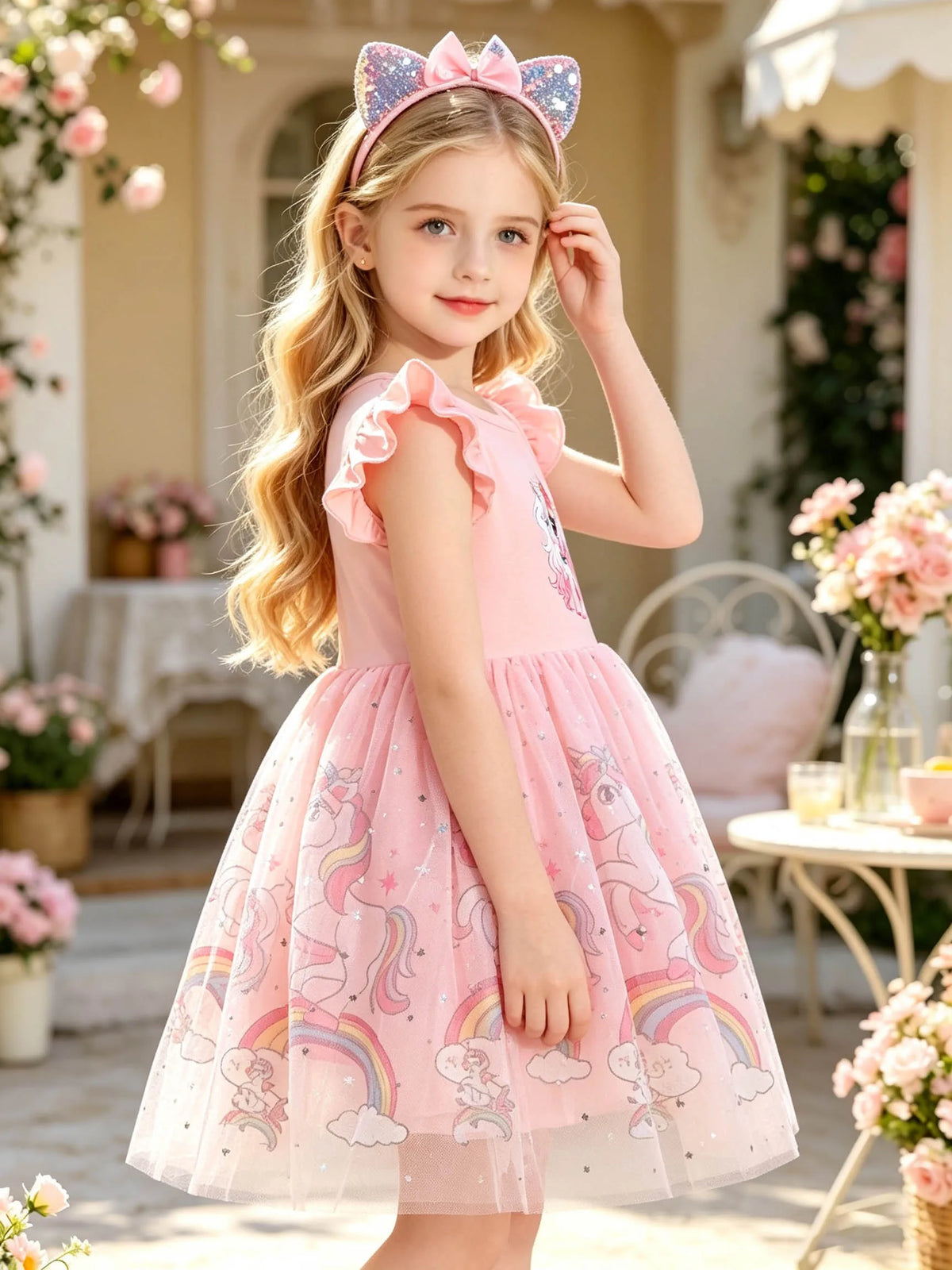 Sweet Peach Pink Unicorn Girls' Summer Outfit, Ruffle Flutter Sleeves, Double-Layer Printed A-Line Princess Tulle Dress