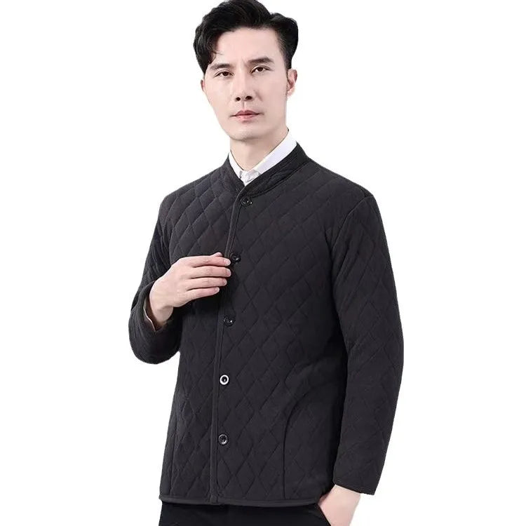 Thickened Winter Cotton Jacket Set for Men Warm Loose Style Mid-aged And Elderly Cotton Top Long Sleeve Stand Collar Coat
