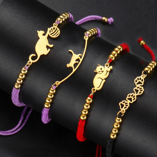 LIKGREAT Cat Pendant Bracelet for Women Men Animal Cat Dog Bear Paw Charm Adjustable Rope Chain Jewelry Party Gift Wholesale