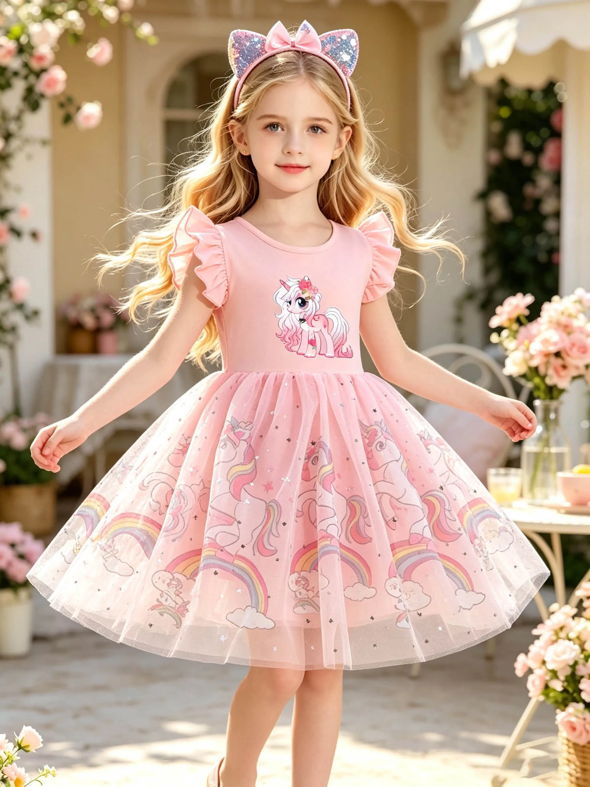 Sweet Peach Pink Unicorn Girls' Summer Outfit, Ruffle Flutter Sleeves, Double-Layer Printed A-Line Princess Tulle Dress