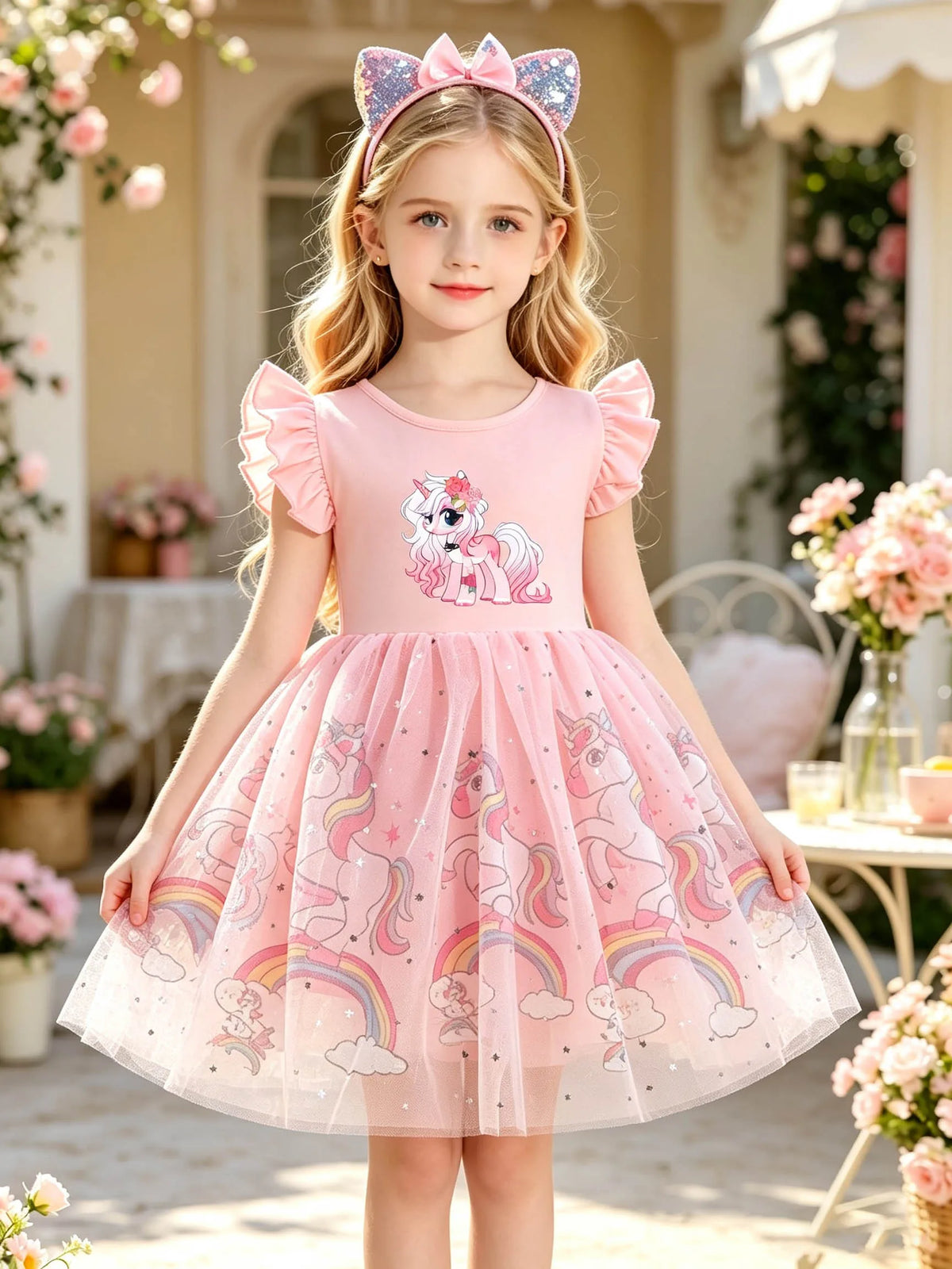 Sweet Peach Pink Unicorn Girls' Summer Outfit, Ruffle Flutter Sleeves, Double-Layer Printed A-Line Princess Tulle Dress