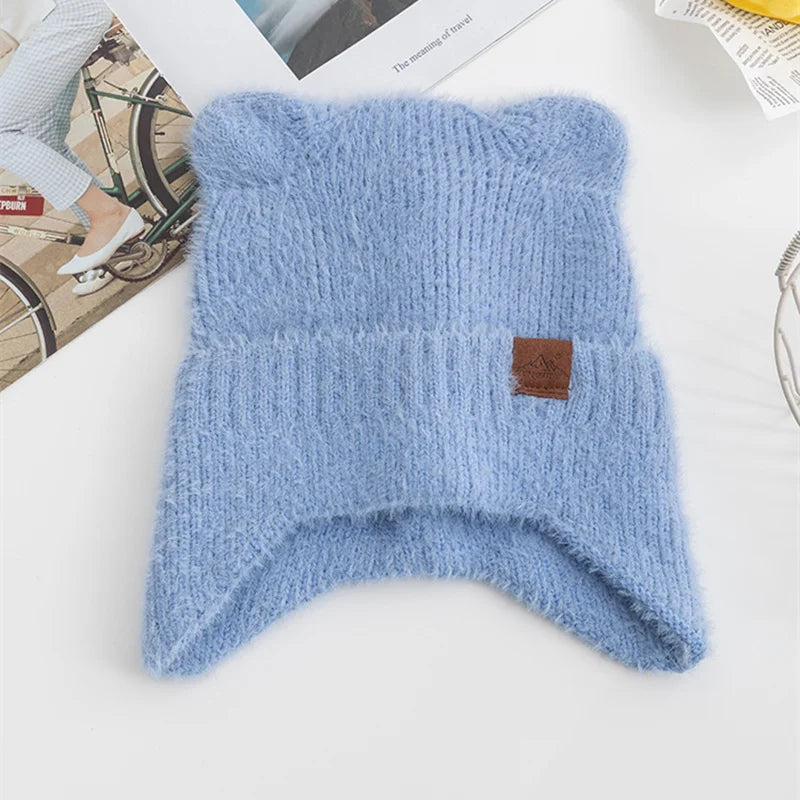 New Women Candy Colors Earflap Beanie Fashion Faux Fur Knitted Hat Lovely With Cat Ear Soft Beanie Hats Female Streetwear Hat