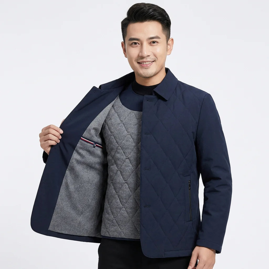 Men's Navy Quilted Hooded Jacket Front Logo Windproof Waterproof Casual Outerwear Polyester Wadding Regular Fit Winter Wear