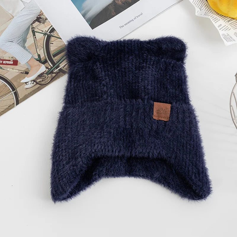 New Women Candy Colors Earflap Beanie Fashion Faux Fur Knitted Hat Lovely With Cat Ear Soft Beanie Hats Female Streetwear Hat
