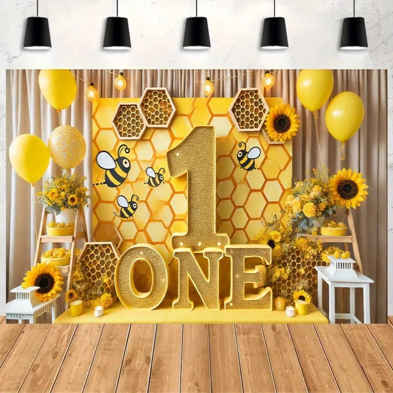 1pc Bee and Sunflower Birthday Party Backdrop - Gold "1" with bees and flowers for home, garden and anniversary celebrations