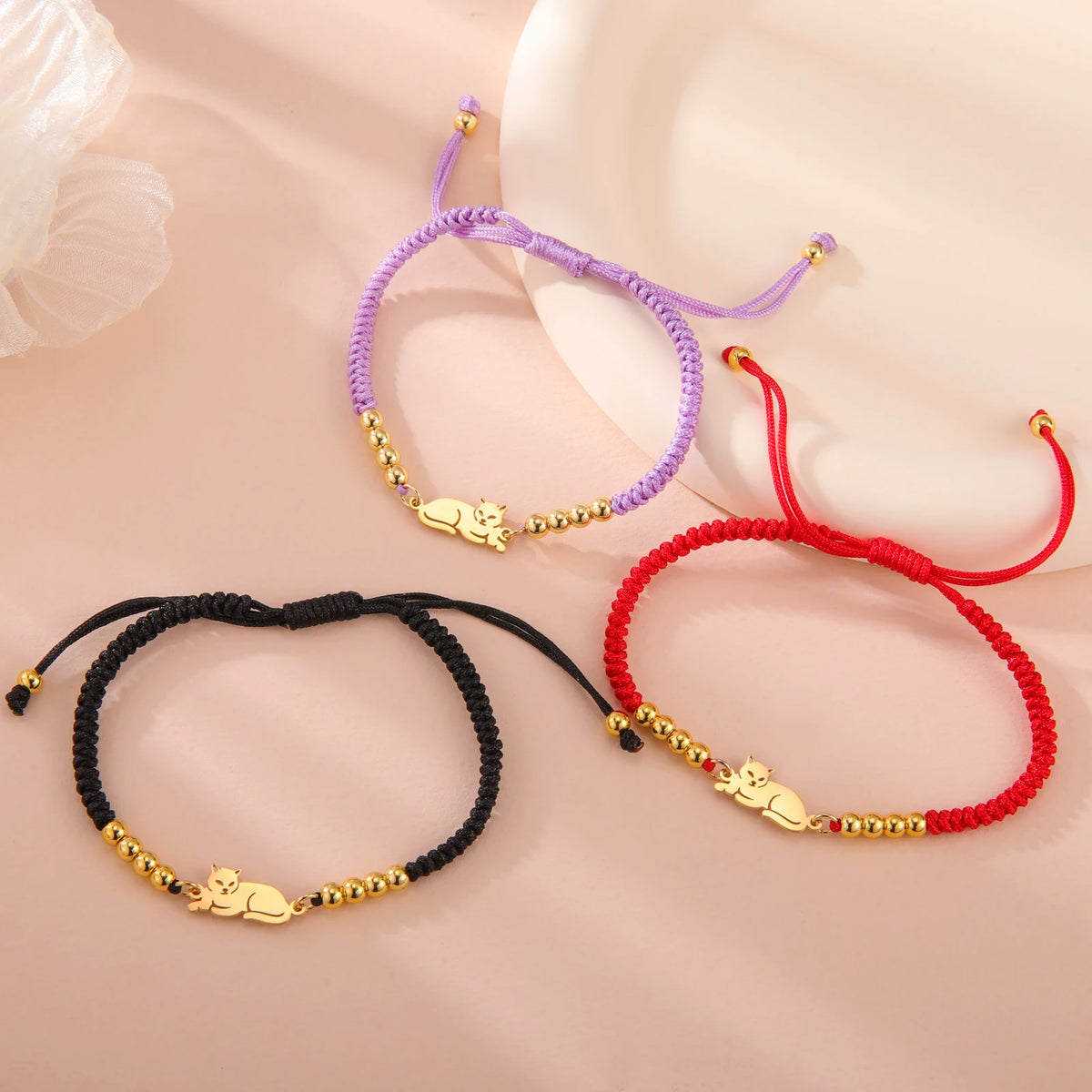 Sitting Cat Stainless Steel Charm Women Gold Color Beaded Purple Rope Chain Bracelet Cute Casual Jewelry