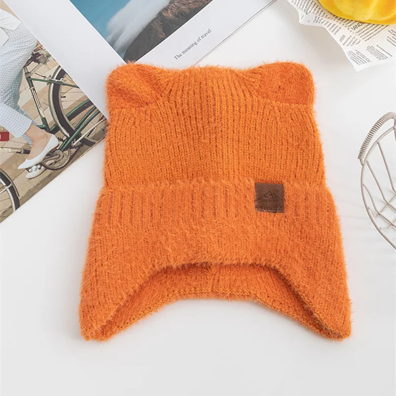 New Women Candy Colors Earflap Beanie Fashion Faux Fur Knitted Hat Lovely With Cat Ear Soft Beanie Hats Female Streetwear Hat