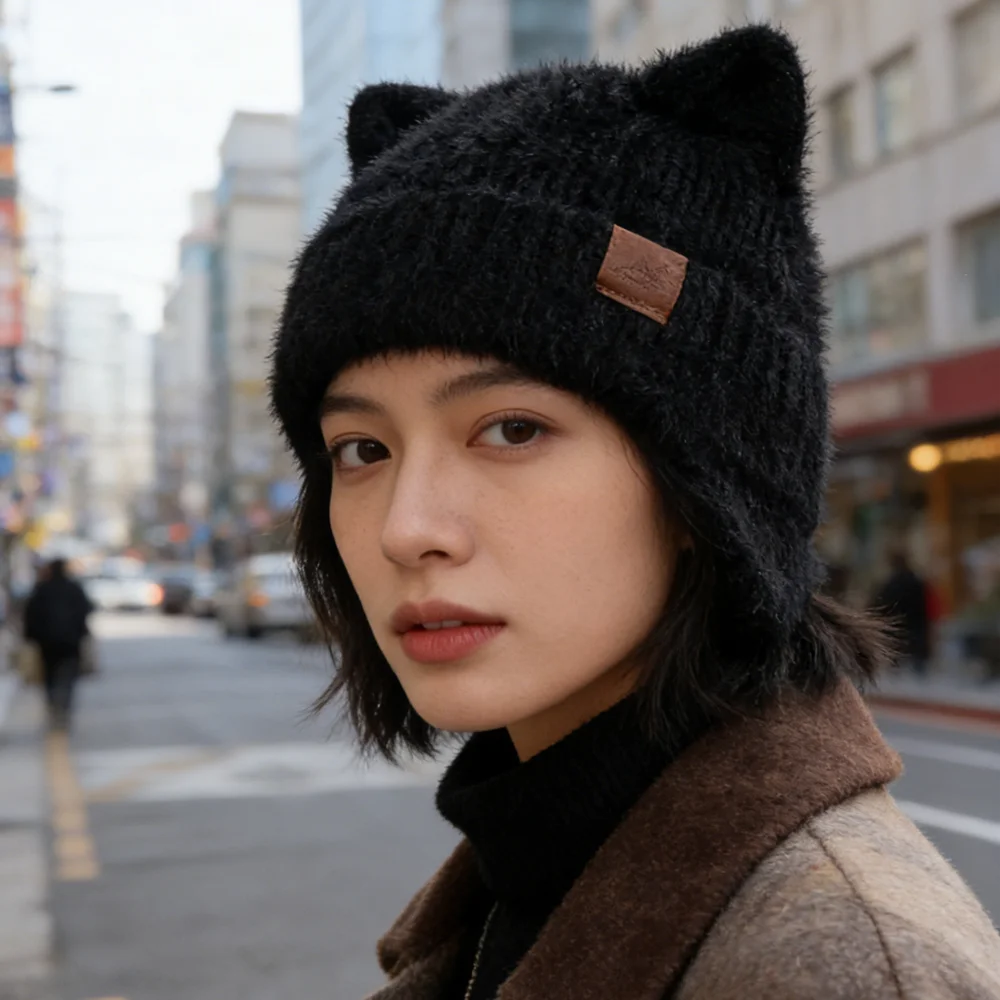 New Women Candy Colors Earflap Beanie Fashion Faux Fur Knitted Hat Lovely With Cat Ear Soft Beanie Hats Female Streetwear Hat