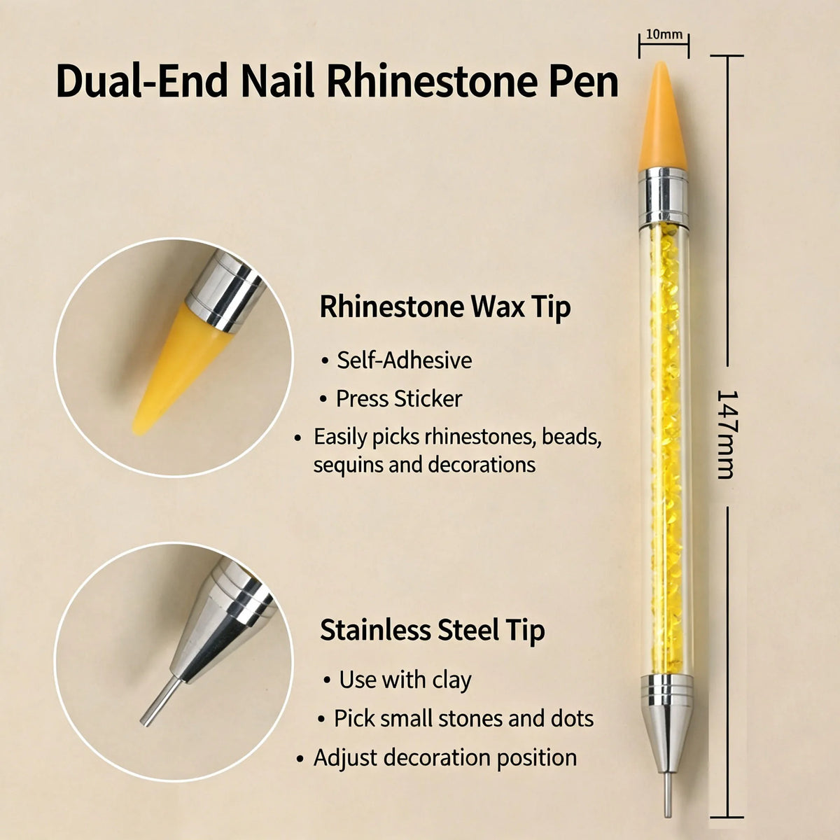 Nail Art Tools Dual‑Ended Acrylic Handle Wax Pen Rhinestone Crystal Studs Picker Dotting Manicure DIY Accessories