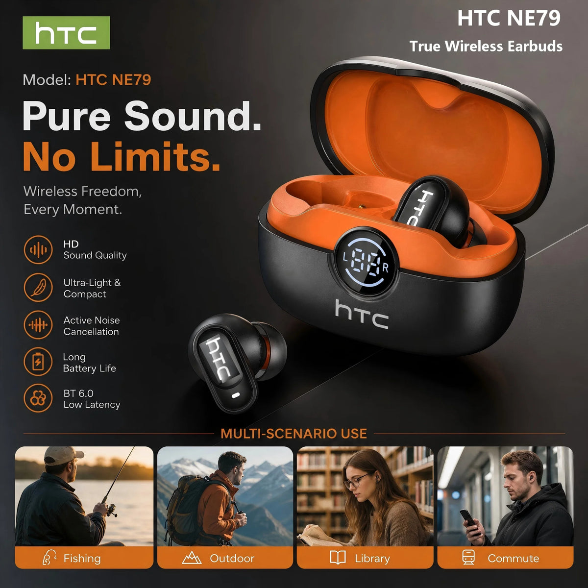 HTC NE79 Bluetooth Earphones AI Translator Earbuds Soft In-Earbuds for Wireless Headphones, Noise Reduction Long Battery