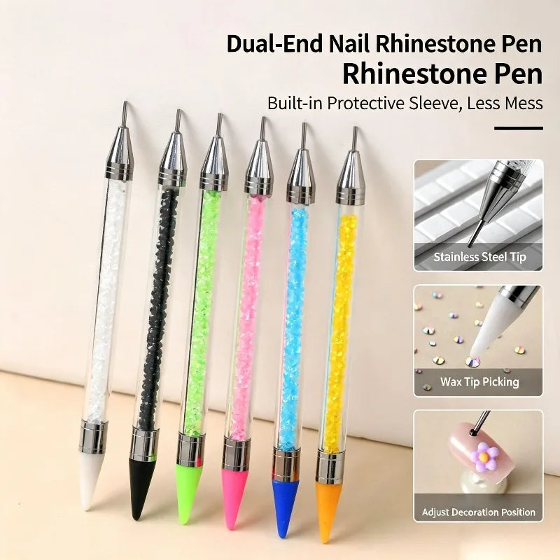 Nail Art Tools Dual‑Ended Acrylic Handle Wax Pen Rhinestone Crystal Studs Picker Dotting Manicure DIY Accessories