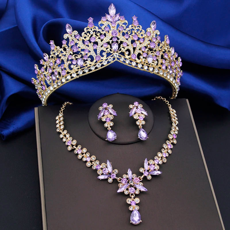 Purple Crystal Bridal Jewelry Sets Women Tiaras Bride Necklace Earrings for Wedding Crown Jewelry Set Prom
