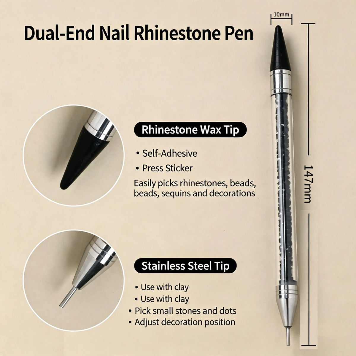 Nail Art Tools Dual‑Ended Acrylic Handle Wax Pen Rhinestone Crystal Studs Picker Dotting Manicure DIY Accessories