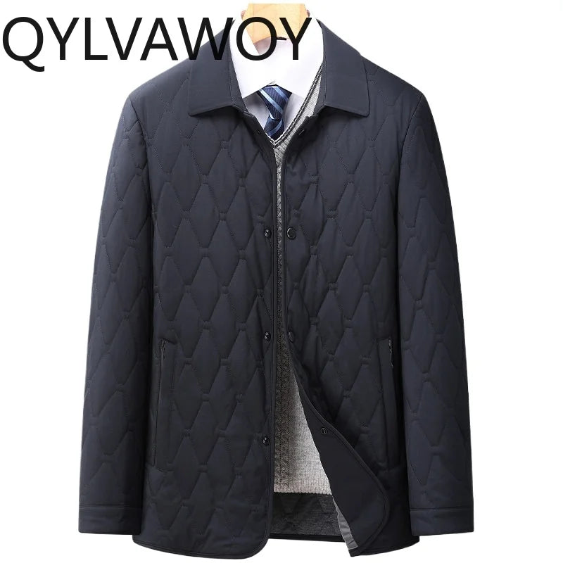 QYLVAWOY 100% Polyester Men's Winter Outerwear Collared Jacket Business Middle-Aged Casual Lightweight Warm Cotton Coat LJ2147