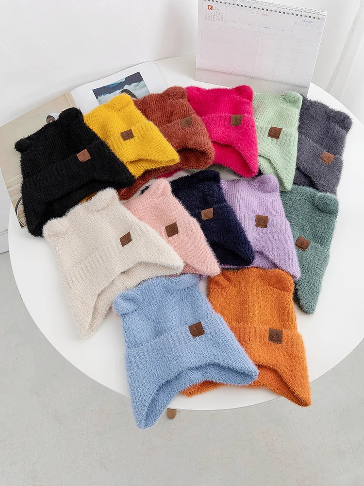 New Women Candy Colors Earflap Beanie Fashion Faux Fur Knitted Hat Lovely With Cat Ear Soft Beanie Hats Female Streetwear Hat