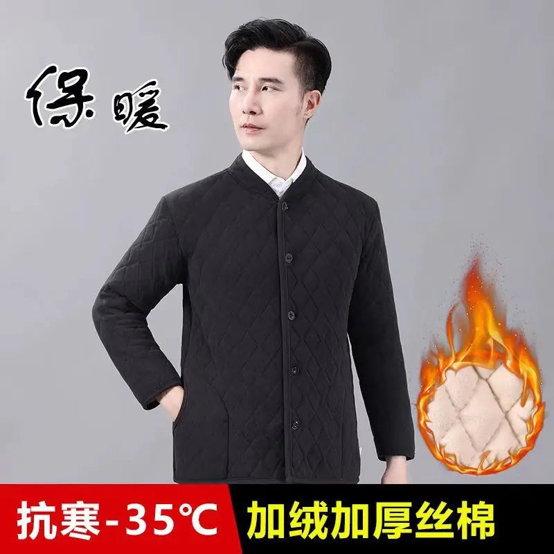 Thickened Winter Cotton Jacket Set for Men Warm Loose Style Mid-aged And Elderly Cotton Top Long Sleeve Stand Collar Coat