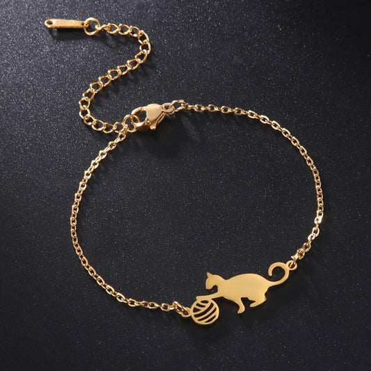 Cat Charms Bracelets for Women Stainless Steel Cute Animal Kitten with Yarn Balls Pendant Adjustable Link Chain Bangle Jewelry