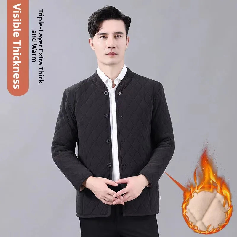 Thickened Winter Cotton Jacket Set for Men Warm Loose Style Mid-aged And Elderly Cotton Top Long Sleeve Stand Collar Coat