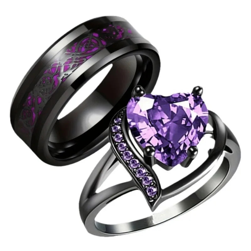 European and American new fashionable love purple zircon embellished dragon patterned stainless steel couple ring