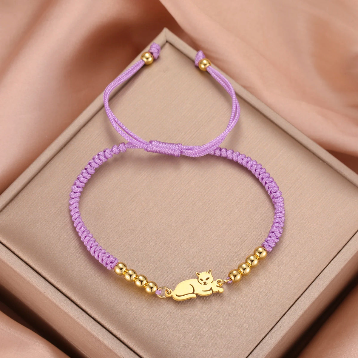Sitting Cat Stainless Steel Charm Women Gold Color Beaded Purple Rope Chain Bracelet Cute Casual Jewelry