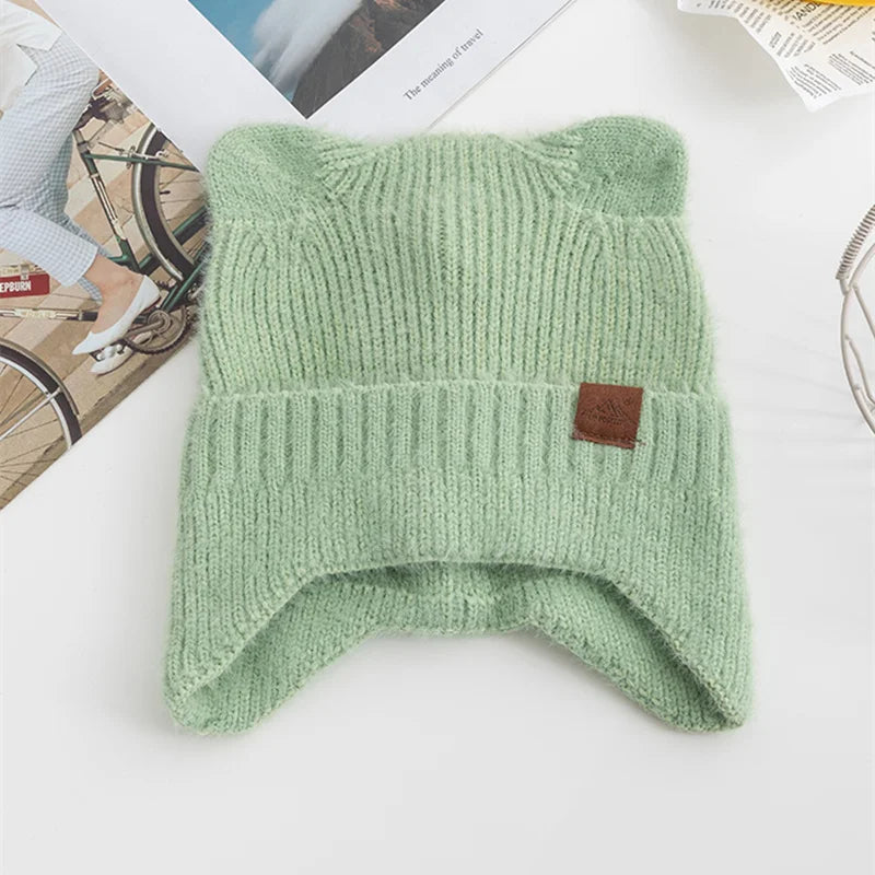 New Women Candy Colors Earflap Beanie Fashion Faux Fur Knitted Hat Lovely With Cat Ear Soft Beanie Hats Female Streetwear Hat
