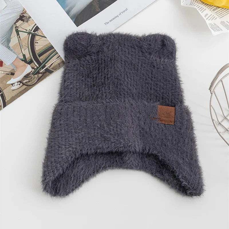 New Women Candy Colors Earflap Beanie Fashion Faux Fur Knitted Hat Lovely With Cat Ear Soft Beanie Hats Female Streetwear Hat