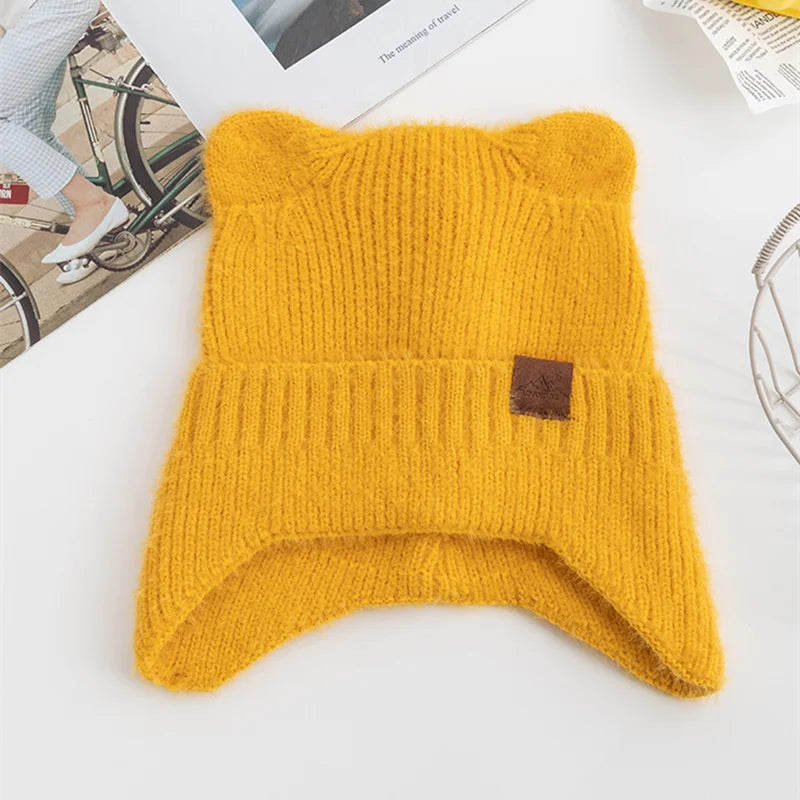 New Women Candy Colors Earflap Beanie Fashion Faux Fur Knitted Hat Lovely With Cat Ear Soft Beanie Hats Female Streetwear Hat