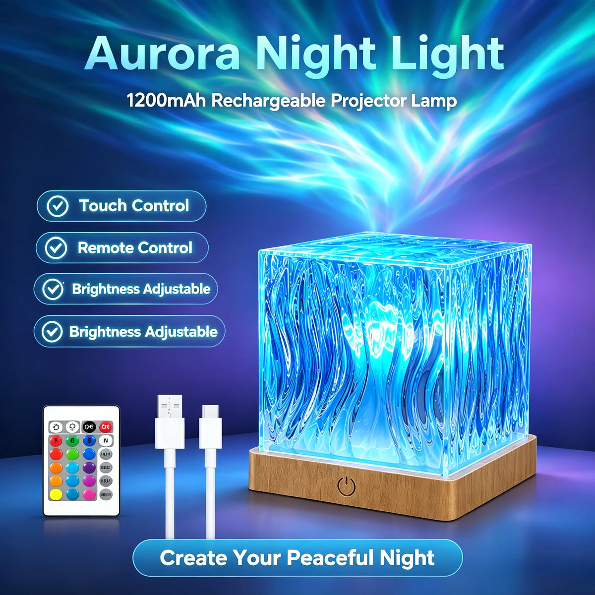 Aurora Water Wave Projector Night Light Touch Remote Control 16 Color 1200mAh Rechargeable Ocean Ripple Bedroom Atmosphere Lamp