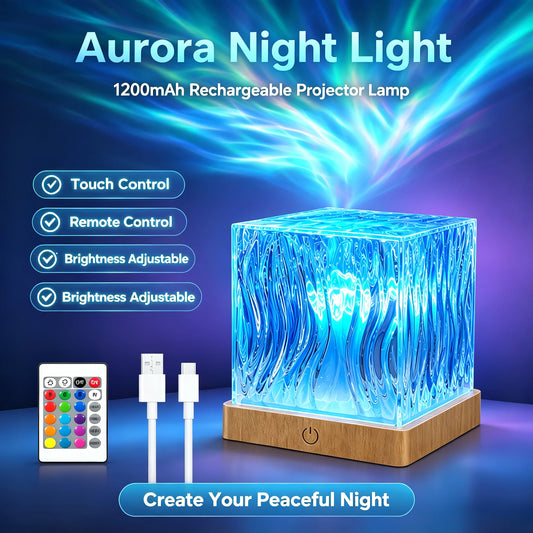 Aurora Water Wave Projector Night Light Touch Remote Control 16 Color 1200mAh Rechargeable Ocean Ripple Bedroom Atmosphere Lamp