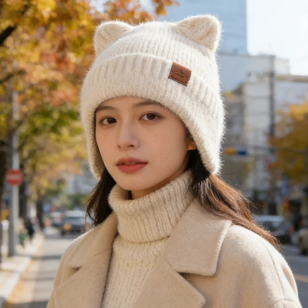 New Women Candy Colors Earflap Beanie Fashion Faux Fur Knitted Hat Lovely With Cat Ear Soft Beanie Hats Female Streetwear Hat