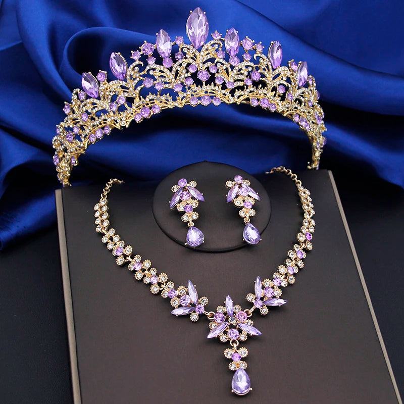 Purple Crystal Bridal Jewelry Sets Women Tiaras Bride Necklace Earrings for Wedding Crown Jewelry Set Prom