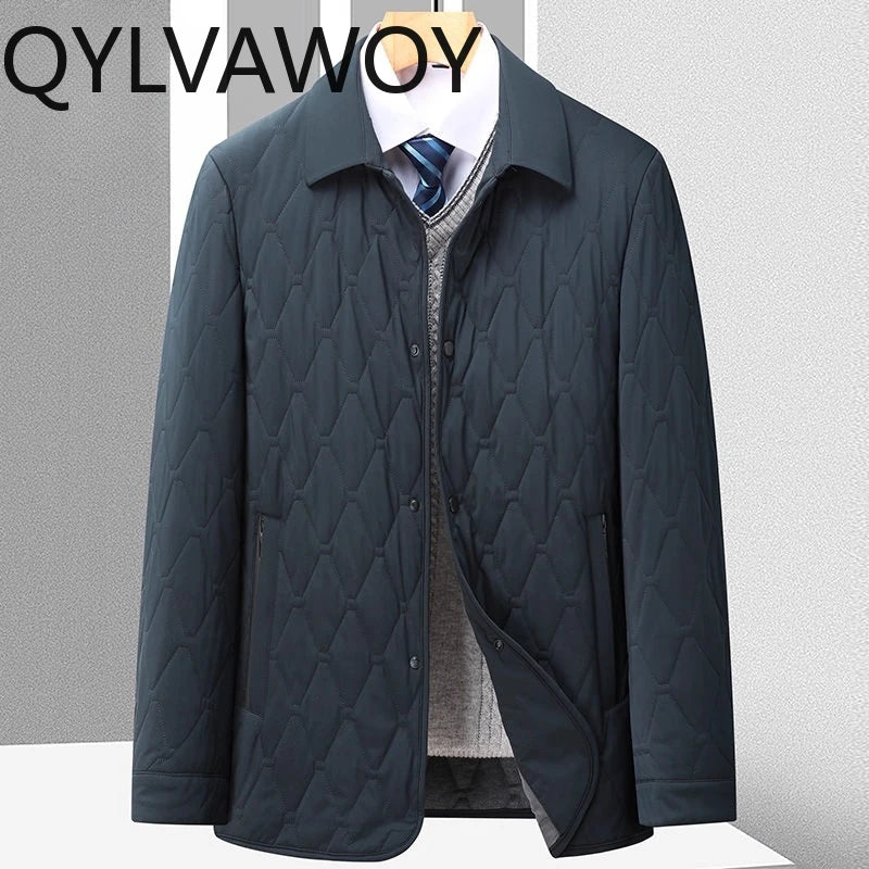 QYLVAWOY 100% Polyester Men's Winter Outerwear Collared Jacket Business Middle-Aged Casual Lightweight Warm Cotton Coat LJ2147