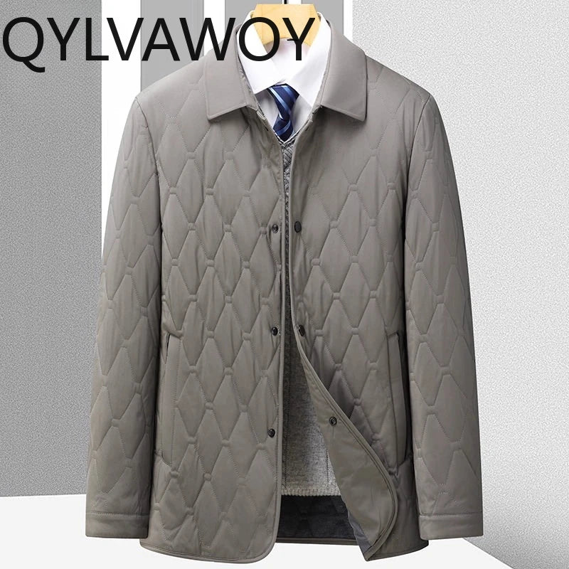 QYLVAWOY 100% Polyester Men's Winter Outerwear Collared Jacket Business Middle-Aged Casual Lightweight Warm Cotton Coat LJ2147