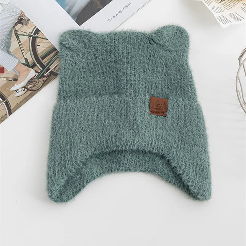 New Women Candy Colors Earflap Beanie Fashion Faux Fur Knitted Hat Lovely With Cat Ear Soft Beanie Hats Female Streetwear Hat